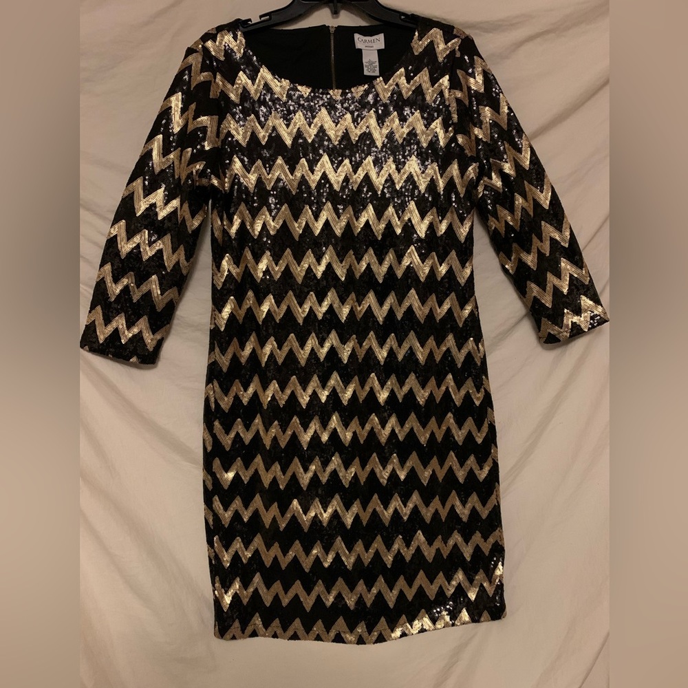 ✨⚡️💥 Carmen Gold & Black Zig zag Chevron Metallic Shift Dress Long Sleeve Dress